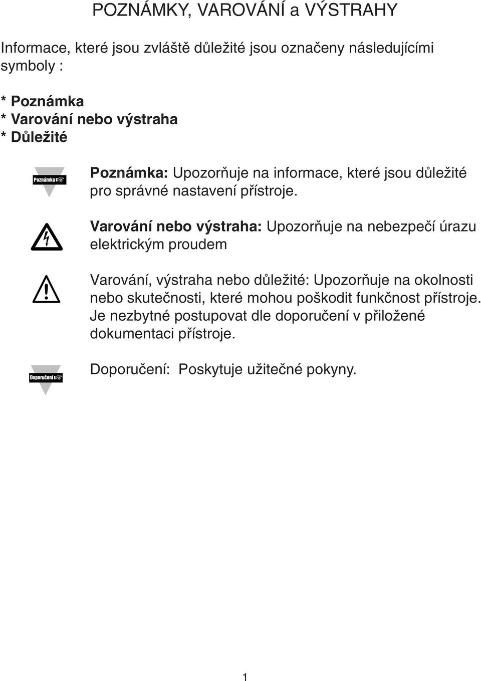 Varování nebo v straha: UpozorÀuje na nebezpeãí úrazu elektrick m proudem Varování, v straha nebo dûleïité: UpozorÀuje na okolnosti nebo