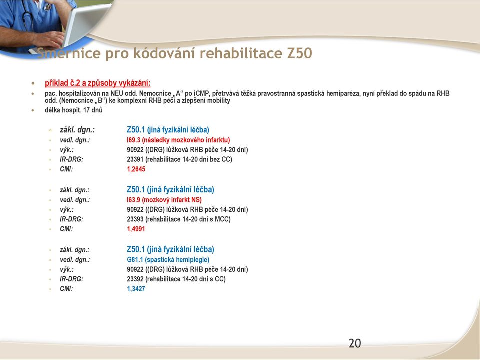 1 (jiná fyzikální léčba) vedl. dgn.: I69.3 (následky mozkového infarktu) výk.: 90922 ((DRG) lůžková RHB péče 14-20 dní) IR-DRG: 23391 (rehabilitace 14-20 dní bez CC) CMI: 1,2645 zákl. dgn.: Z50.