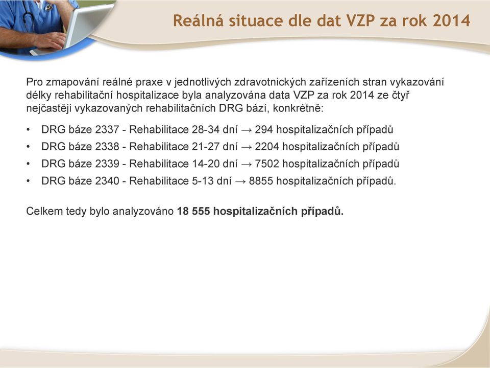 28-34 dní 294 hospitalizačních případů DRG báze 2338 - Rehabilitace 21-27 dní 2204 hospitalizačních případů DRG báze 2339 - Rehabilitace 14-20 dní