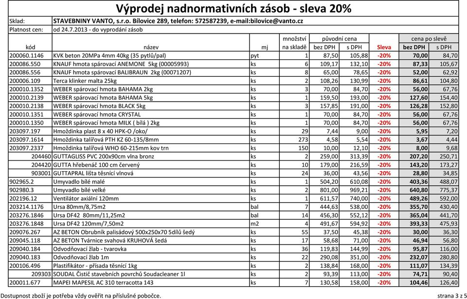 1352 WEBER spárovací hmota BAHAMA 2kg ks 3 70,00 84,70-20% 56,00 67,76 200010.2139 WEBER spárovací hmota BAHAMA 5kg ks 1 159,50 193,00-20% 127,60 154,40 200010.