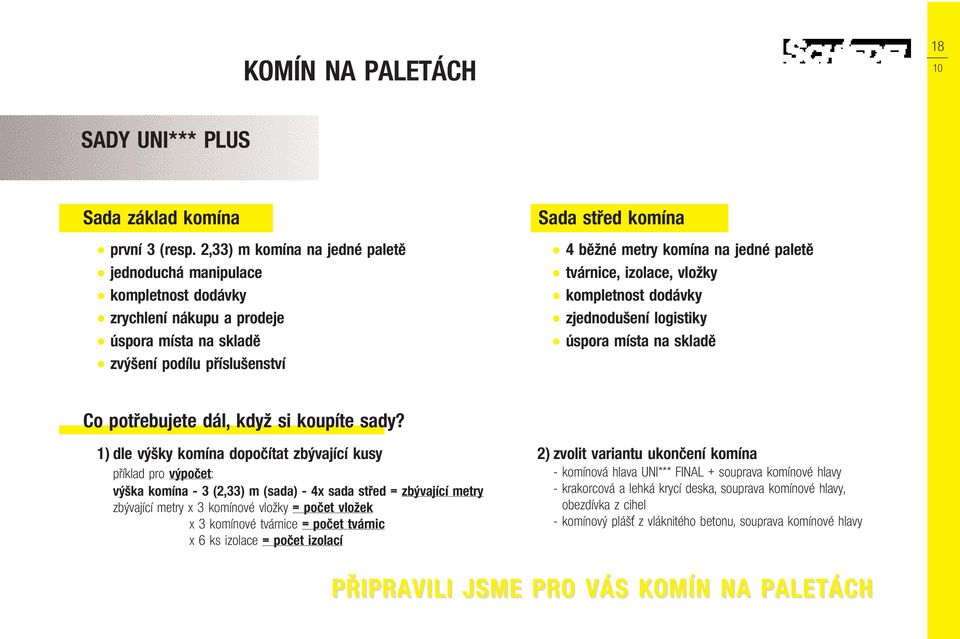 paletě tvárnice, izolace, vložky kompletnost dodávky zjednodušení logistiky úspora místa na skladě Co potřebujete dál, když si koupíte sady?