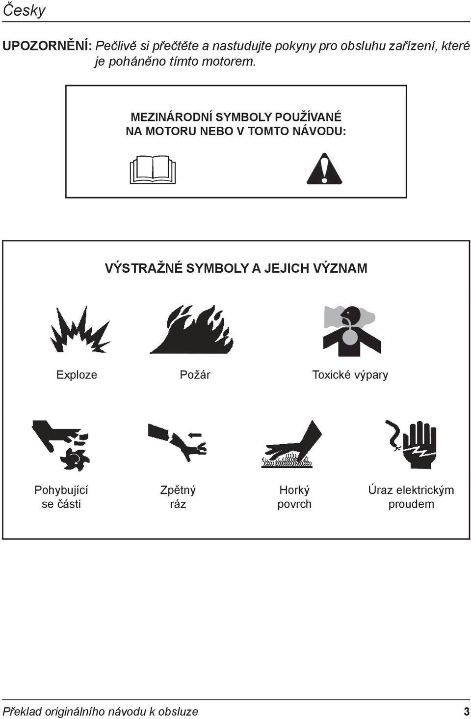 MEZINÁRODNÍ SYMBOLY POUŽÍVANÉ NA MOTORU NEBO V TOMTO NÁVODU: VÝSTRAŽNÉ SYMBOLY A