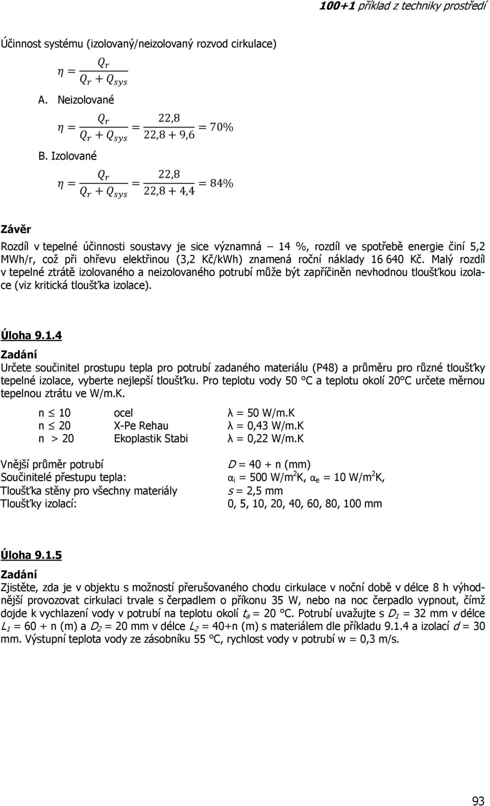 6 640 Kč. Malý rozdíl v tepelné ztrátě izolovaného a neizolovaného potrubí může být zapříčiněn nevhodnou tloušťkou izolace (viz kritická tloušťka izolace). Úloha 9.