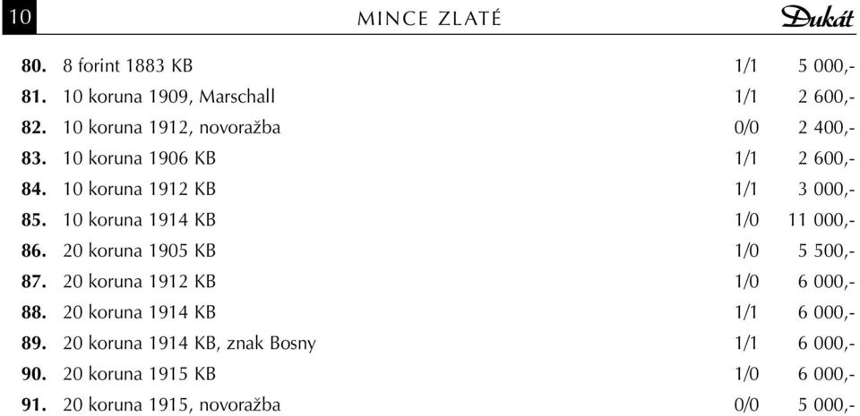 10 koruna 1914 KB 1/0 11 000,- 86. 20 koruna 1905 KB 1/0 5 500,- 87. 20 koruna 1912 KB 1/0 6 000,- 88.
