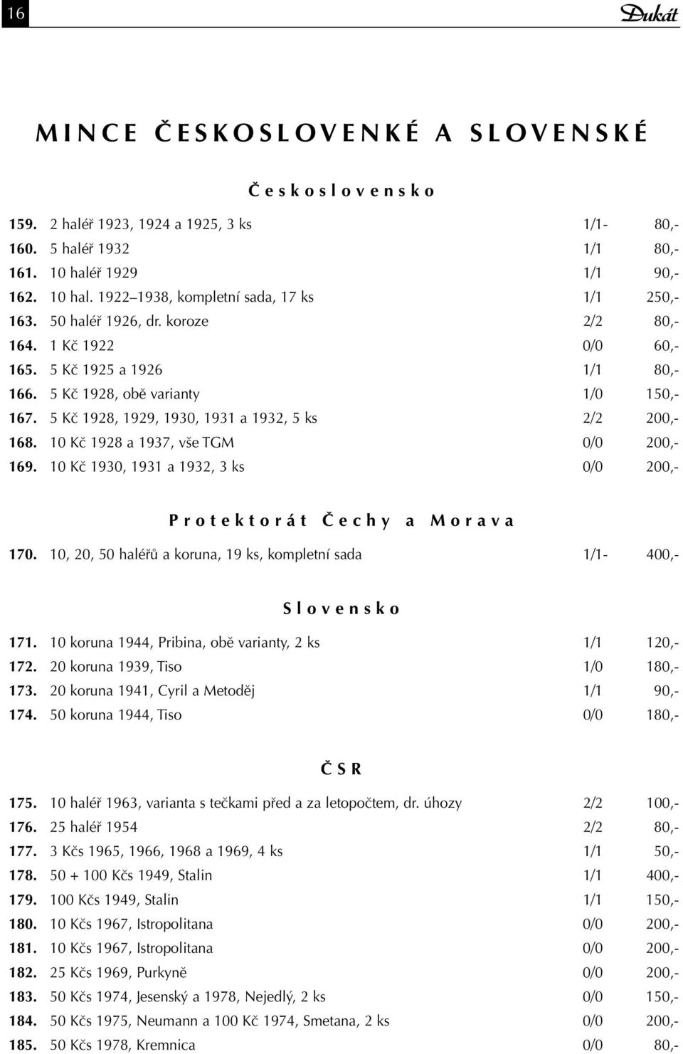 10 Kč 1928 a 1937, vše TGM 0/0 200,- 169. 10 Kč 1930, 1931 a 1932, 3 ks 0/0 200,- P r o t e k t o r á t Č e c h y a M o r a v a 170.