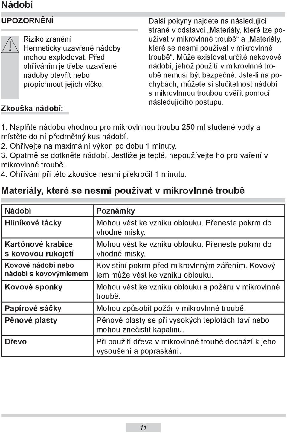 Může existovat určité nekovové nádobí, jehož použití v mikrovlnné troubě nemusí být bezpečné.