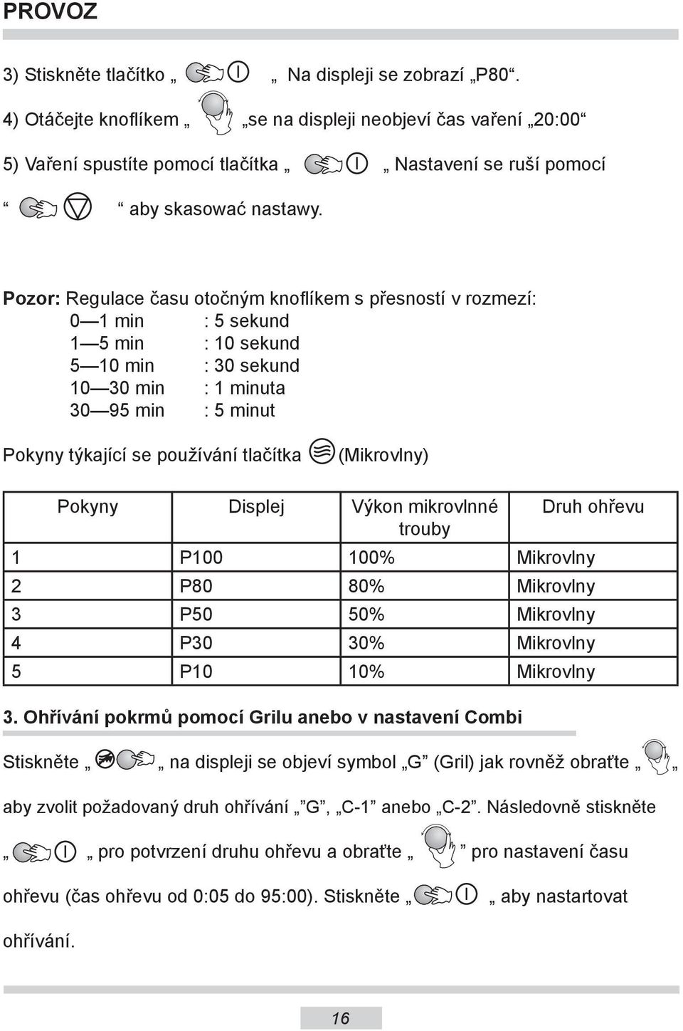 Pozor: Regulace času otočným knoflíkem s přesností v rozmezí: 0 1 min : 5 sekund 1 5 min : 10 sekund 5 10 min : 30 sekund 10 30 min : 1 minuta 30 95 min : 5 minut Pokyny týkající se používání