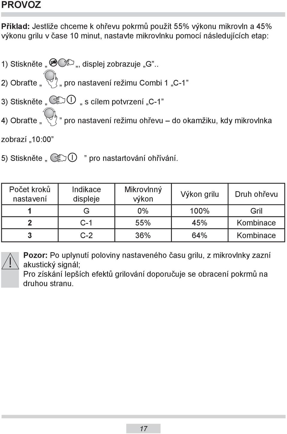 . 2) Obraťte pro nastavení režimu Combi 1 C-1 3) Stiskněte s cílem potvrzení C-1 4) Obraťte pro nastavení režimu ohřevu do okamžiku, kdy mikrovlnka zobrazí 10:00 5) Stiskněte pro