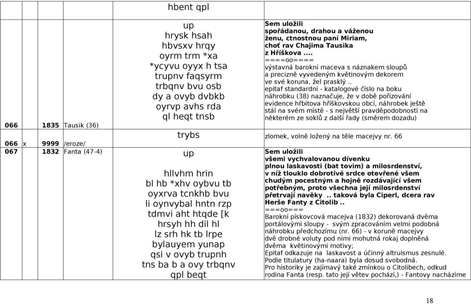 . epitaf standardní - katalogové číslo na boku náhrobku (38) naznačuje, že v době pořizování evidence hřbitova hříškovskou obcí, náhrobek ještě stál na svém místě - s největší pravděpodobností na