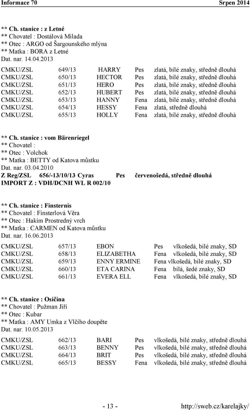 652/13 HUBERT Pes zlatá, bílé znaky, středně dlouhá CMKU/ZSL 653/13 HANNY Fena zlatá, bílé znaky, středně dlouhá CMKU/ZSL 654/13 HESSY Fena zlatá, středně dlouhá CMKU/ZSL 655/13 HOLLY Fena zlatá,