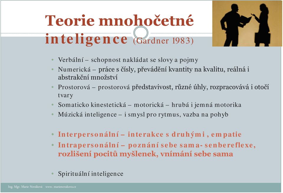 motorická hrubá i jemná motorika Múzická inteligence i smysl pro rytmus, vazba na pohyb Interpersonální interakce s druhými, empatie