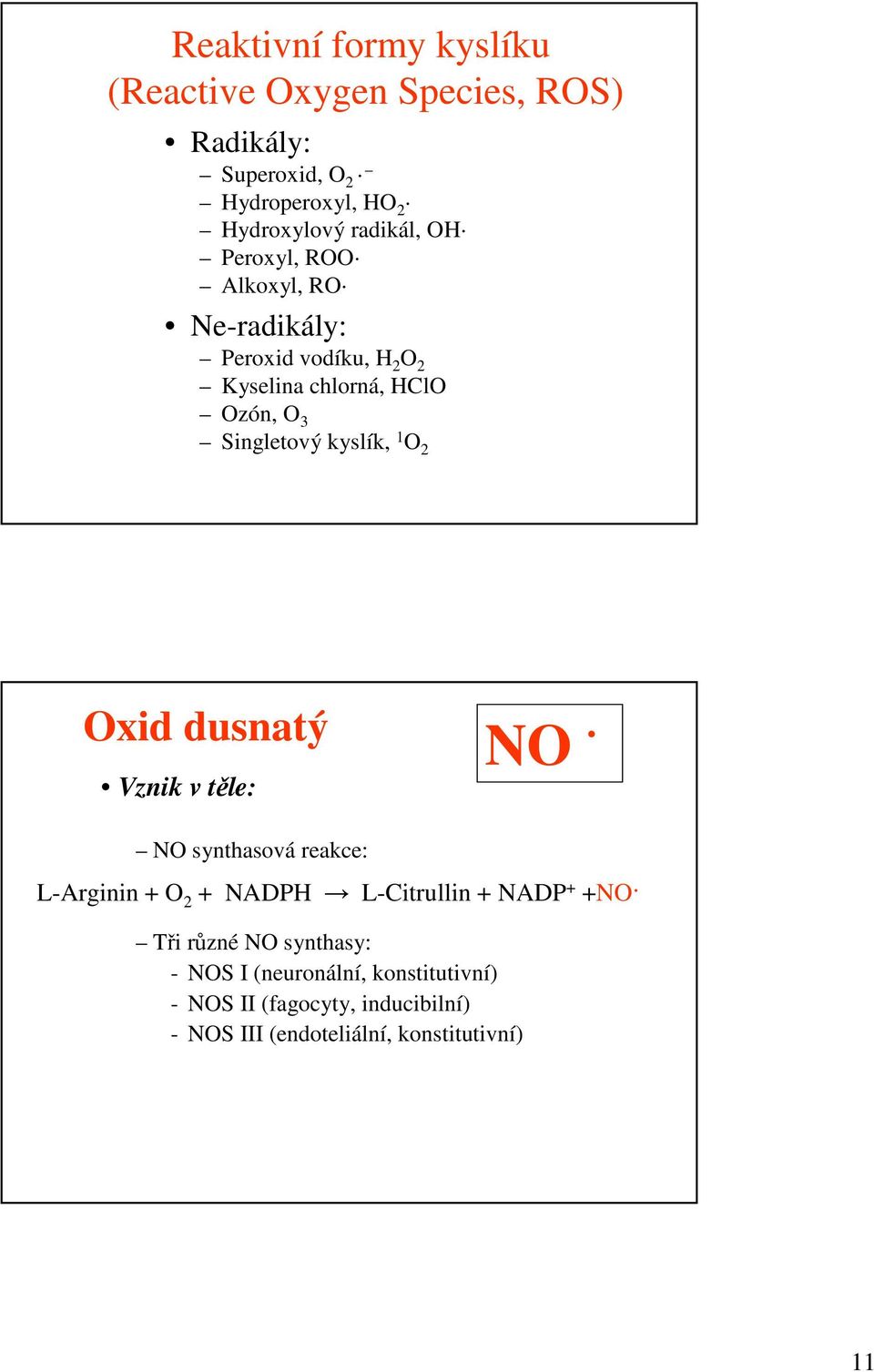 O 2 Oxid dusnatý Vznik v těle: NO NO synthasová reakce: L-Arginin + O 2 + NADPH L-Citrullin + NADP + +NO Tři různé NO