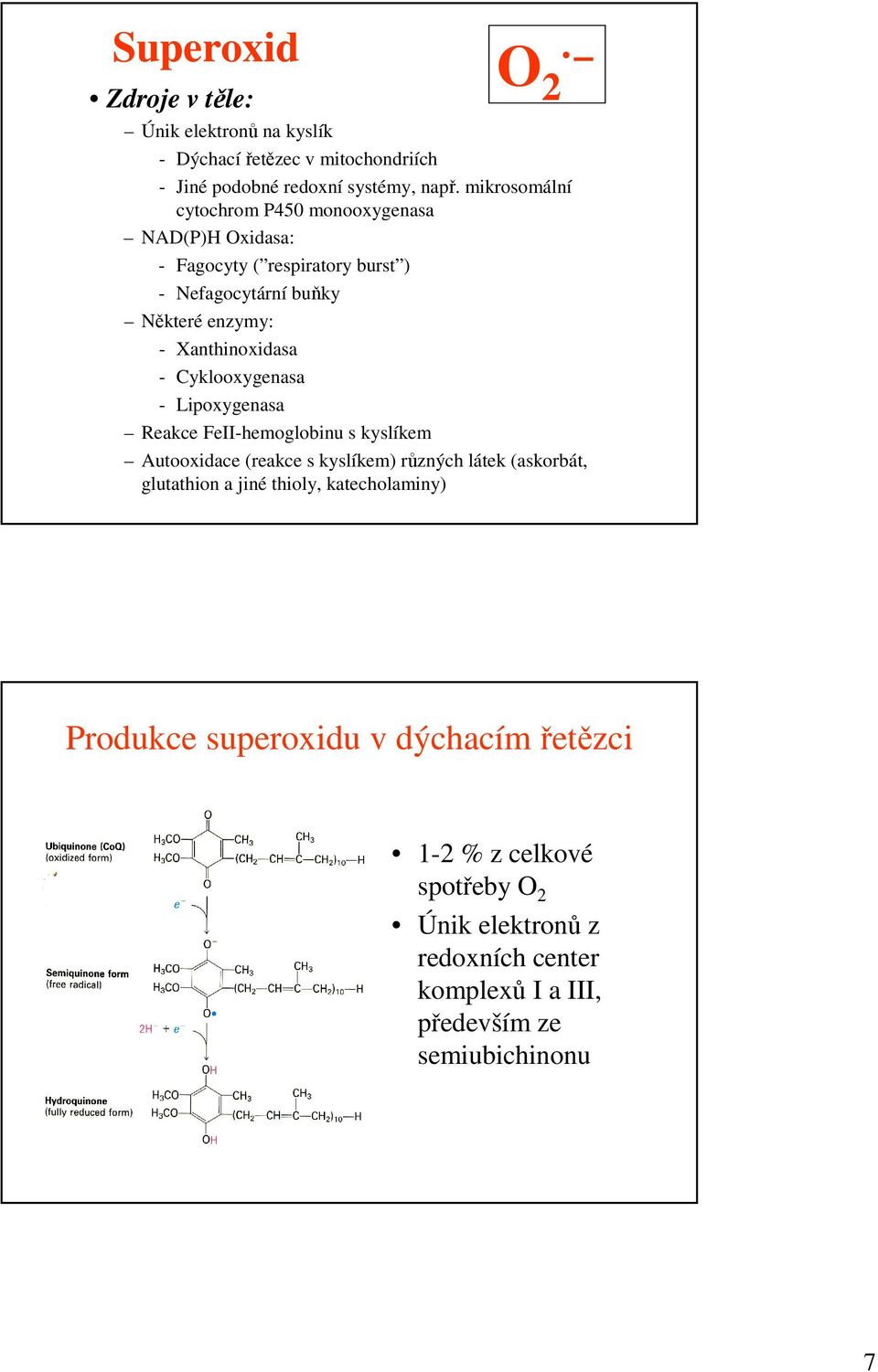 - Cyklooxygenasa - Lipoxygenasa Reakce FeII-hemoglobinu s kyslíkem Autooxidace (reakce s kyslíkem) různých látek (askorbát, glutathion a jiné