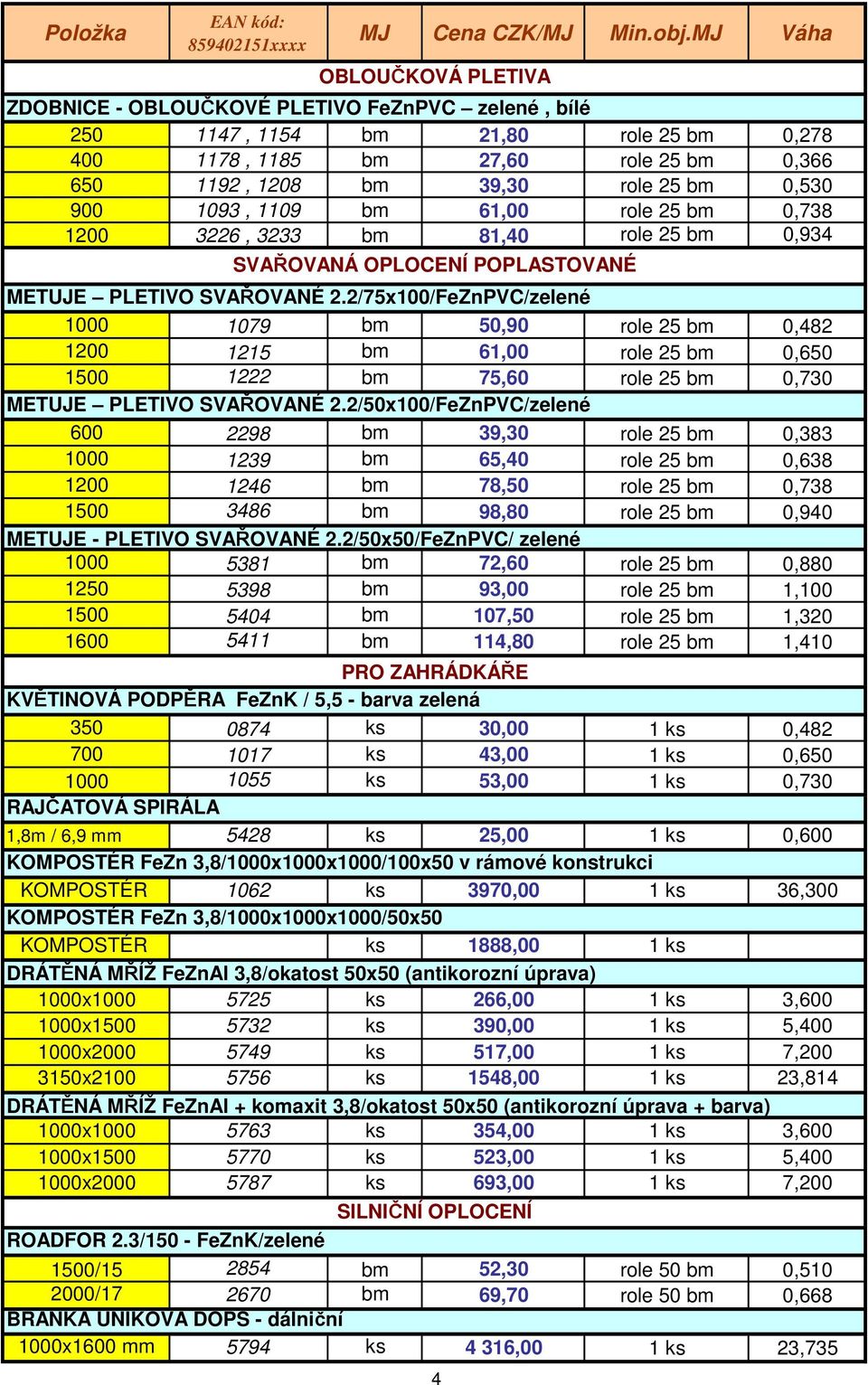 2/75x100/FeZnPVC/zelené 1000 1079 bm 50,90 role 25 bm 0,482 1200 1215 bm 61,00 role 25 bm 0,650 1500 1222 bm 75,60 role 25 bm 0,730 METUJE PLETIVO SVAŘOVANÉ 2.