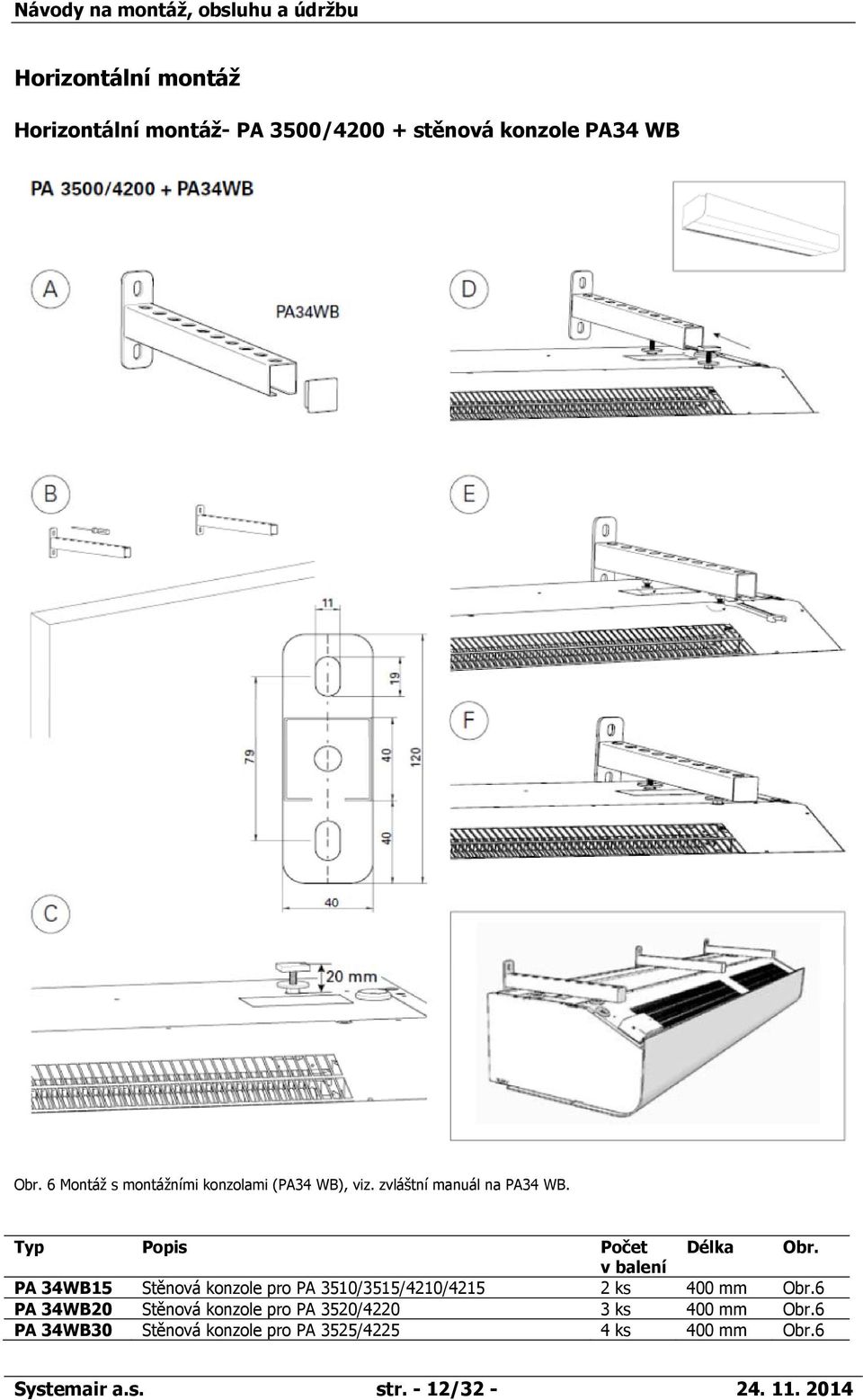 v balení PA 34WB15 Stěnová konzole pro PA 3510/3515/4210/4215 2 ks 400 mm Obr.