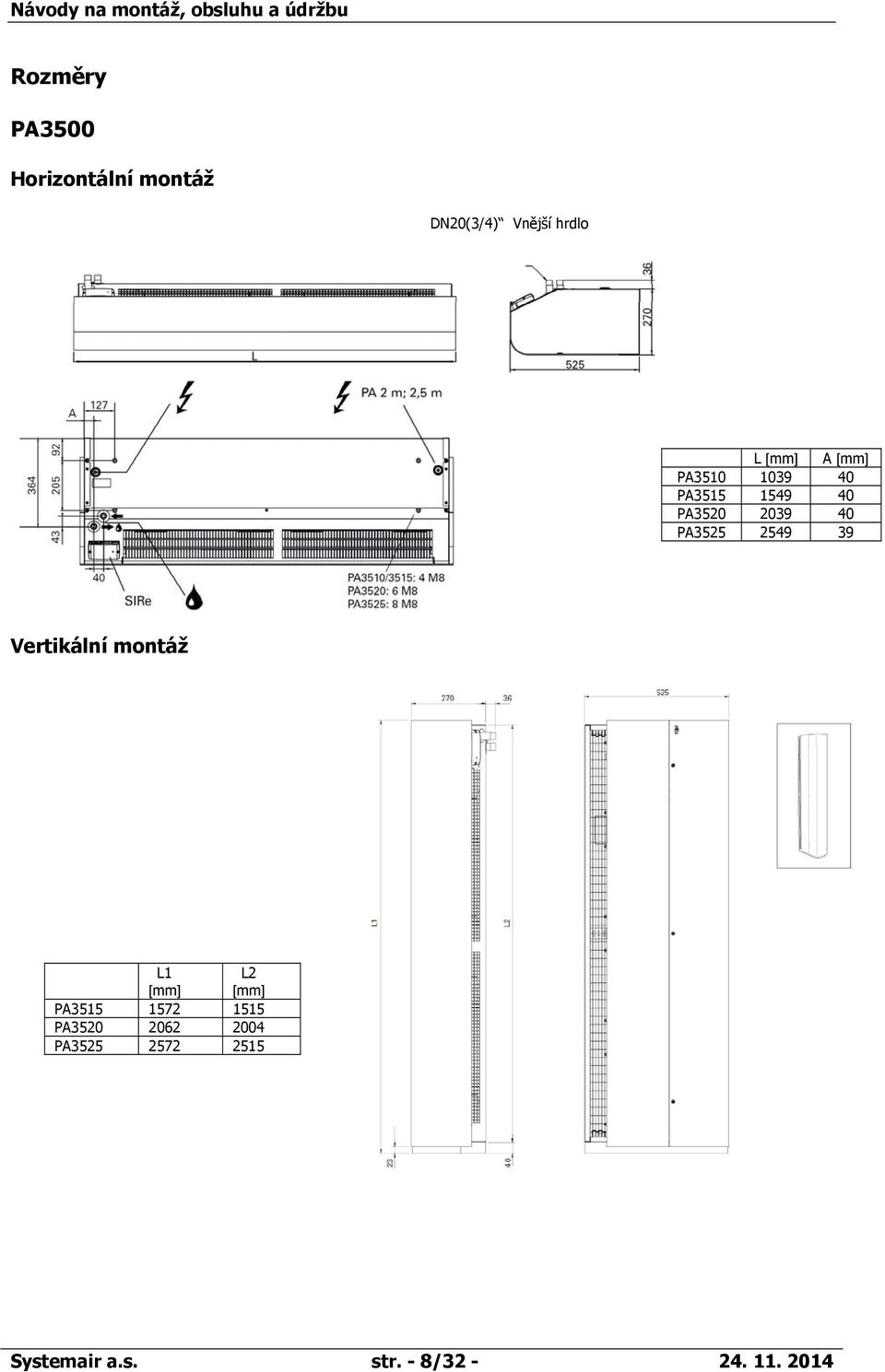 PA3520 2039 40 PA3525 2549 39 Vertikální montáž L1 [mm] L2 [mm] PA3515