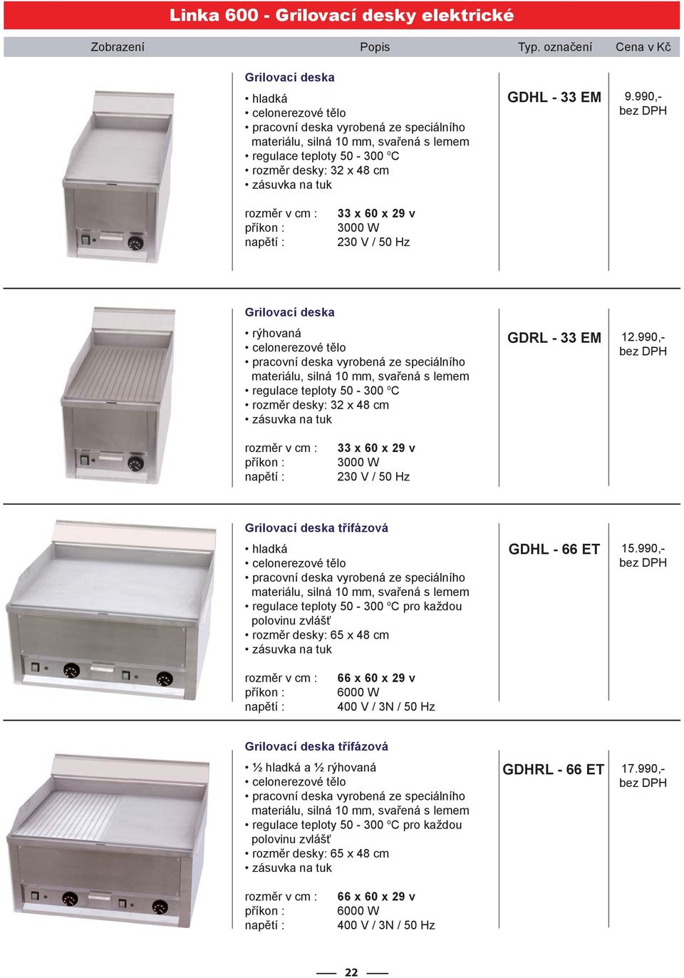 990,- třífázová hladká regulace teploty 50-300 o C pro každou polovinu zvlášť rozměr desky: 65 x 48 cm GDHL - 66 ET 15.