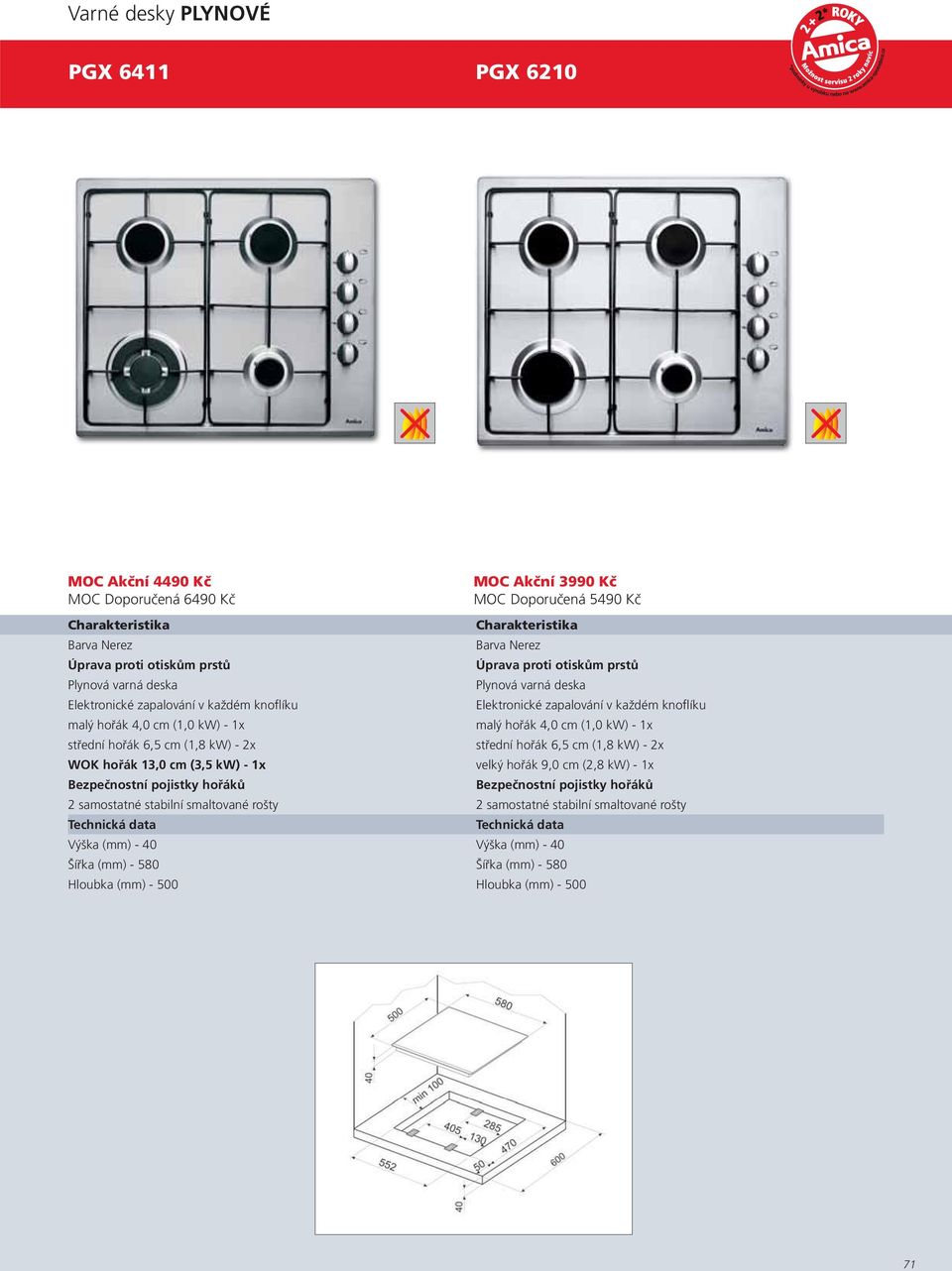 střední hořák 6,5 cm (1,8 kw) - 2x střední hořák 6,5 cm (1,8 kw) - 2x WOK hořák 13,0 cm (3,5 kw) - 1x velký hořák 9,0 cm (2,8 kw) - 1x 2 samostatné