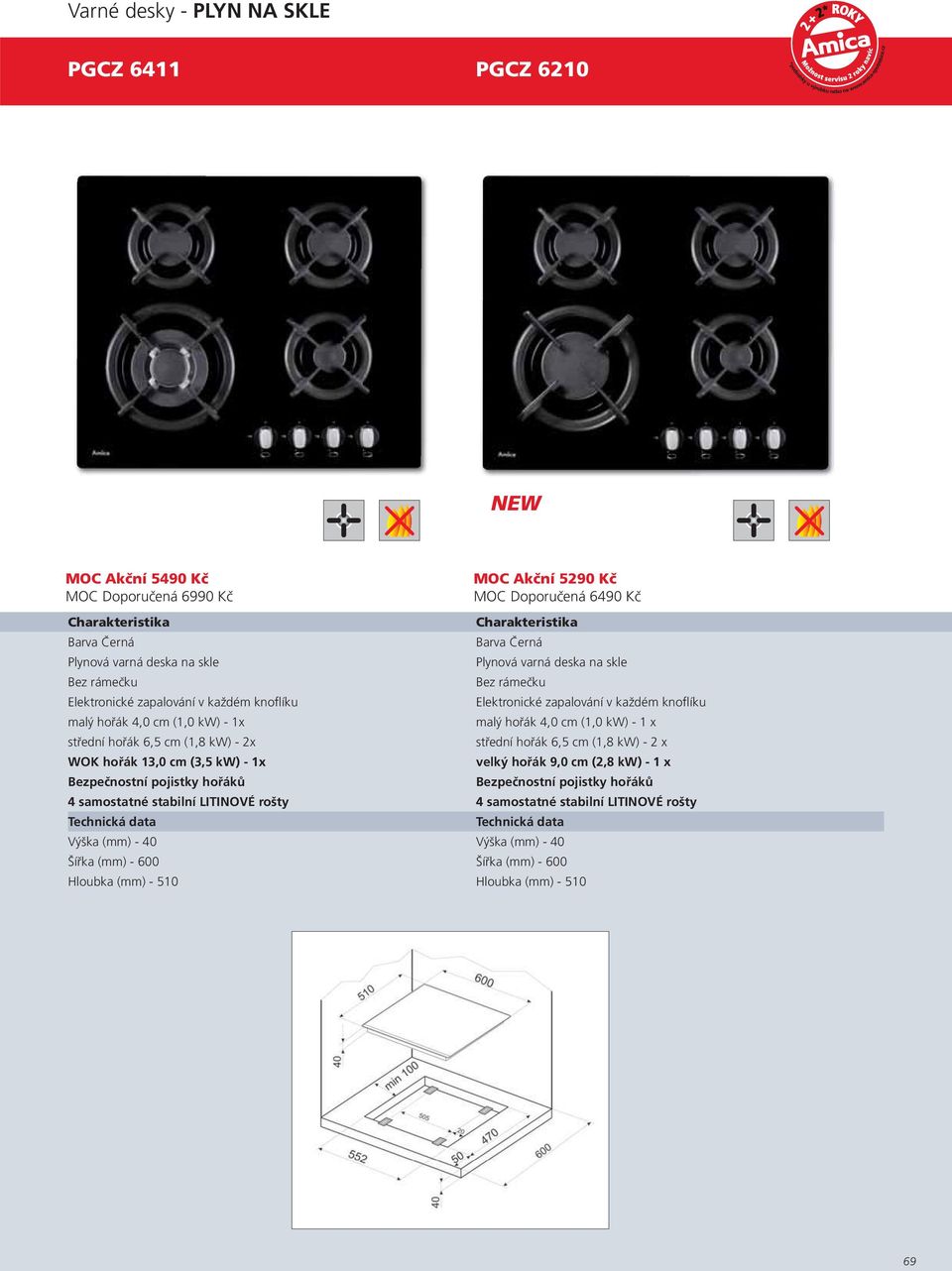 6,5 cm (1,8 kw) - 2x střední hořák 6,5 cm (1,8 kw) - 2 x WOK hořák 13,0 cm (3,5 kw) - 1x velký hořák 9,0 cm (2,8 kw) - 1 x 4 samostatné stabilní