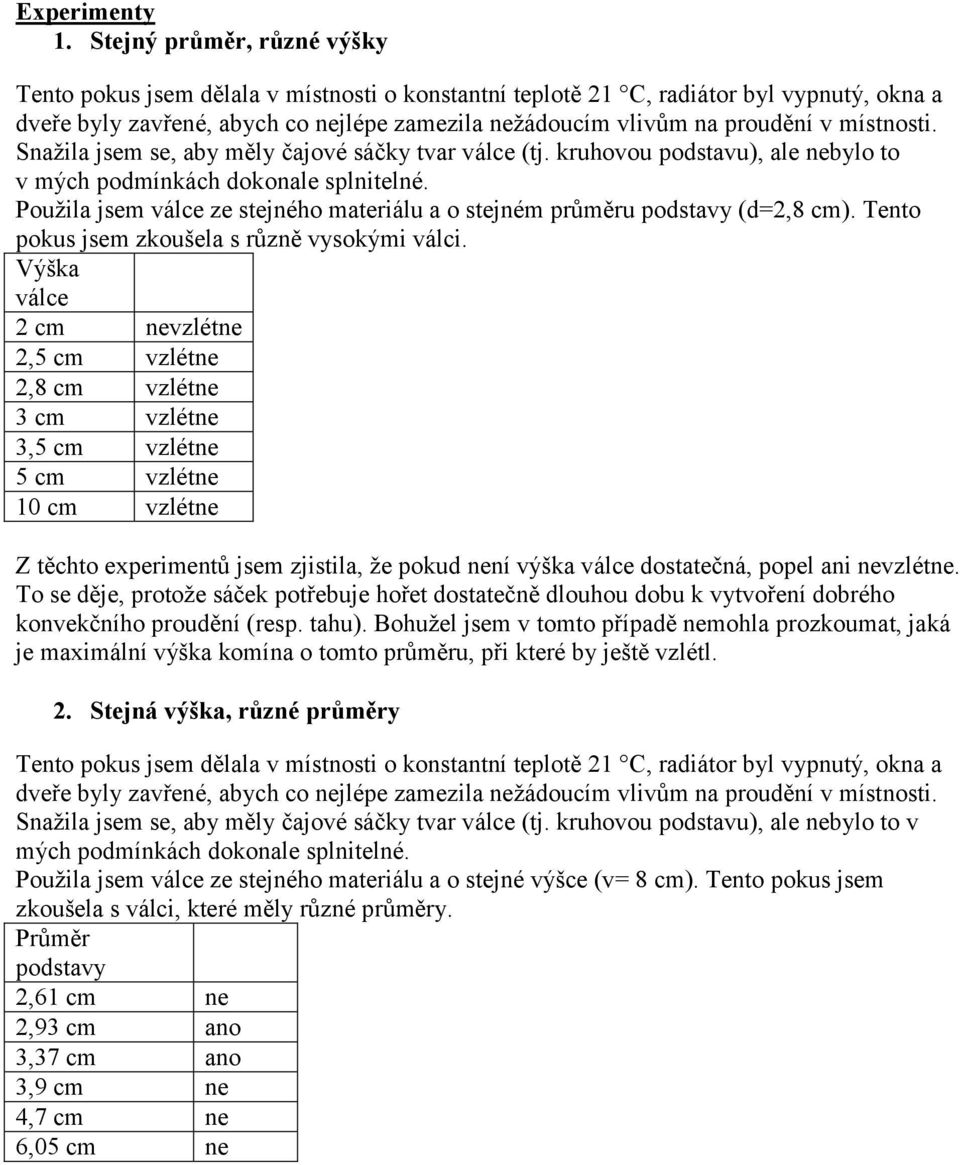 místnosti. Snažila jsem se, aby měly čajové sáčky tvar válce (tj. kruhovou podstavu), ale nebylo to v mých podmínkách dokonale splnitelné.