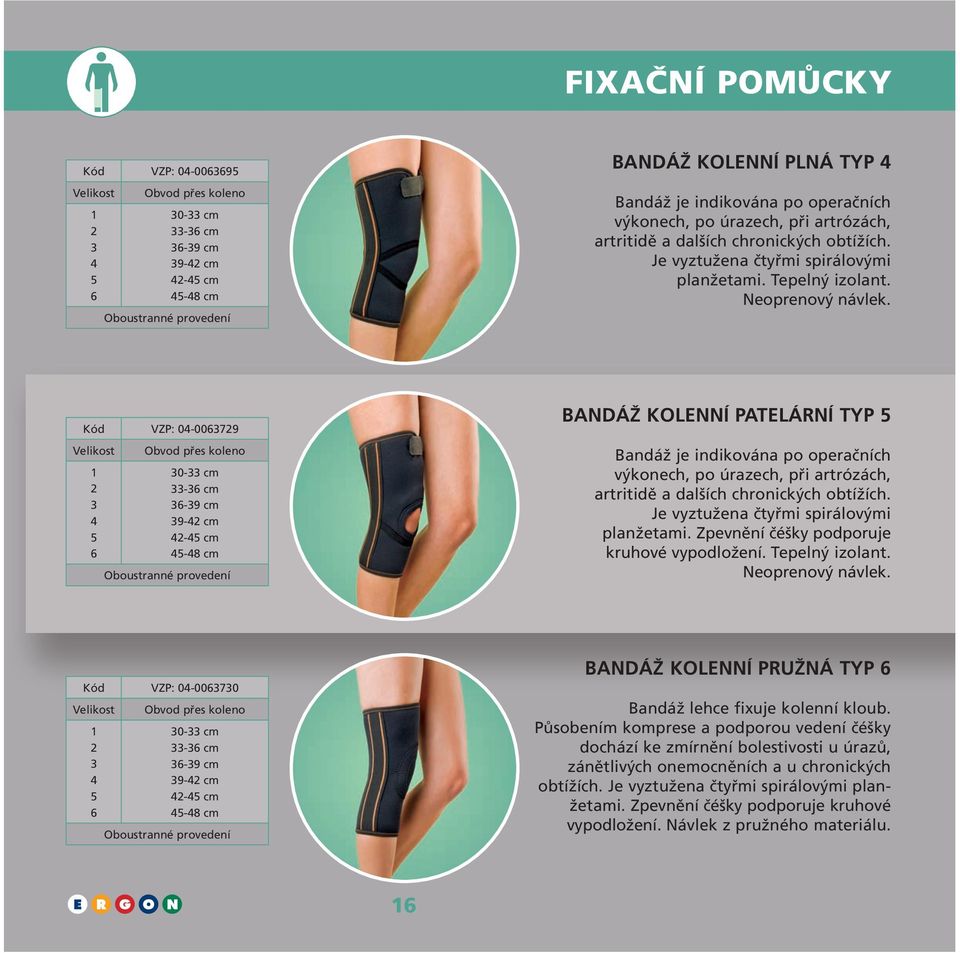 Kód VZP: 0-00679 6 Obvod přes koleno 0- cm -6 cm 6-9 cm 9- cm - cm -8 cm Oboustranné provedení BANdÁŽ KOLENNÍ PATELÁRNÍ TYP Bandáž je indikována po operačních výkonech, po úrazech, při artrózách,