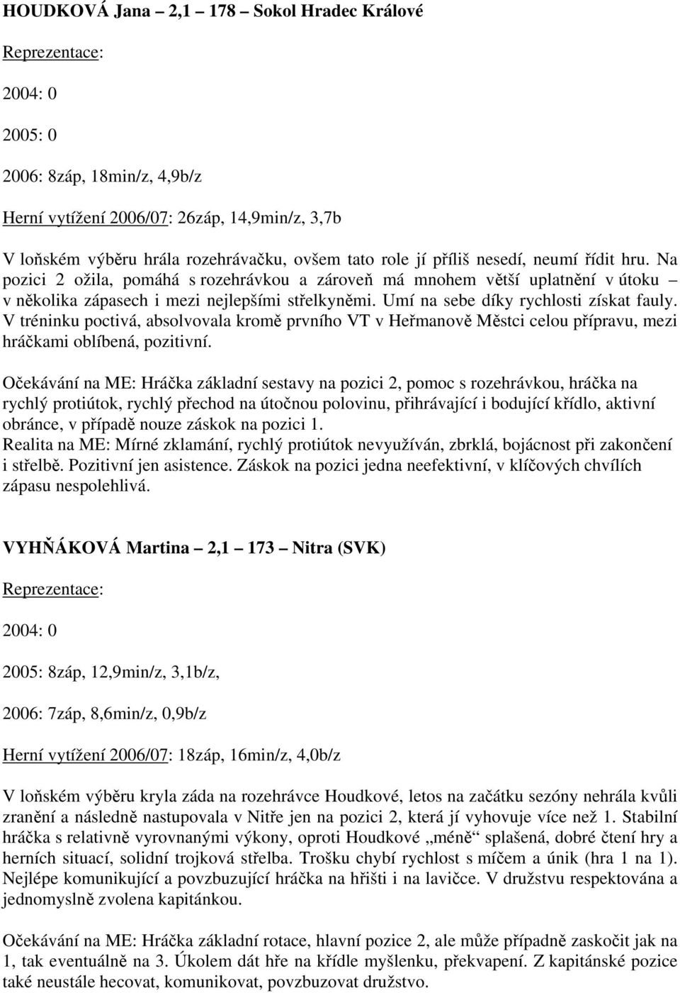 Umí na sebe díky rychlosti získat fauly. V tréninku poctivá, absolvovala kromě prvního VT v Heřmanově Městci celou přípravu, mezi hráčkami oblíbená, pozitivní.