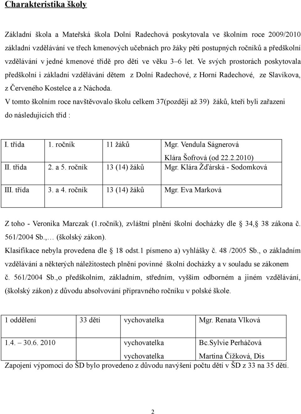 Ve svých prostorách poskytovala předškolní i základní vzdělávání dětem z Dolní Radechové, z Horní Radechové, ze Slavíkova, z Červeného Kostelce a z Náchoda.