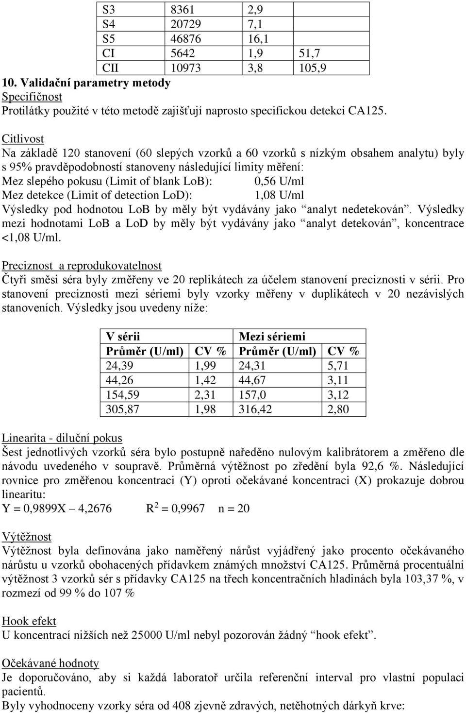 0,56 U/ml Mez detekce (Limit of detection LoD): 1,08 U/ml Výsledky pod hodnotou LoB by měly být vydávány jako analyt nedetekován.