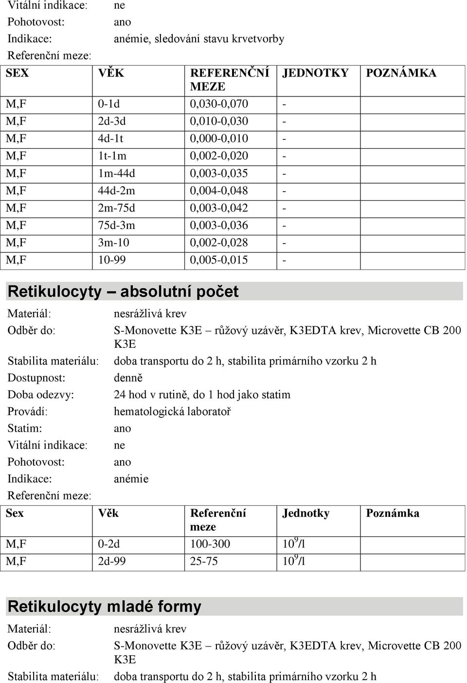 krev, Microvette CB 200 K3E doba transportu do 2 h, stabilita primárního vzorku 2 h 24 hod v rutině, do 1 hod jako statim hematologická laboratoř anémie Sex Věk Referenční meze Jednotky M,F 0-2d