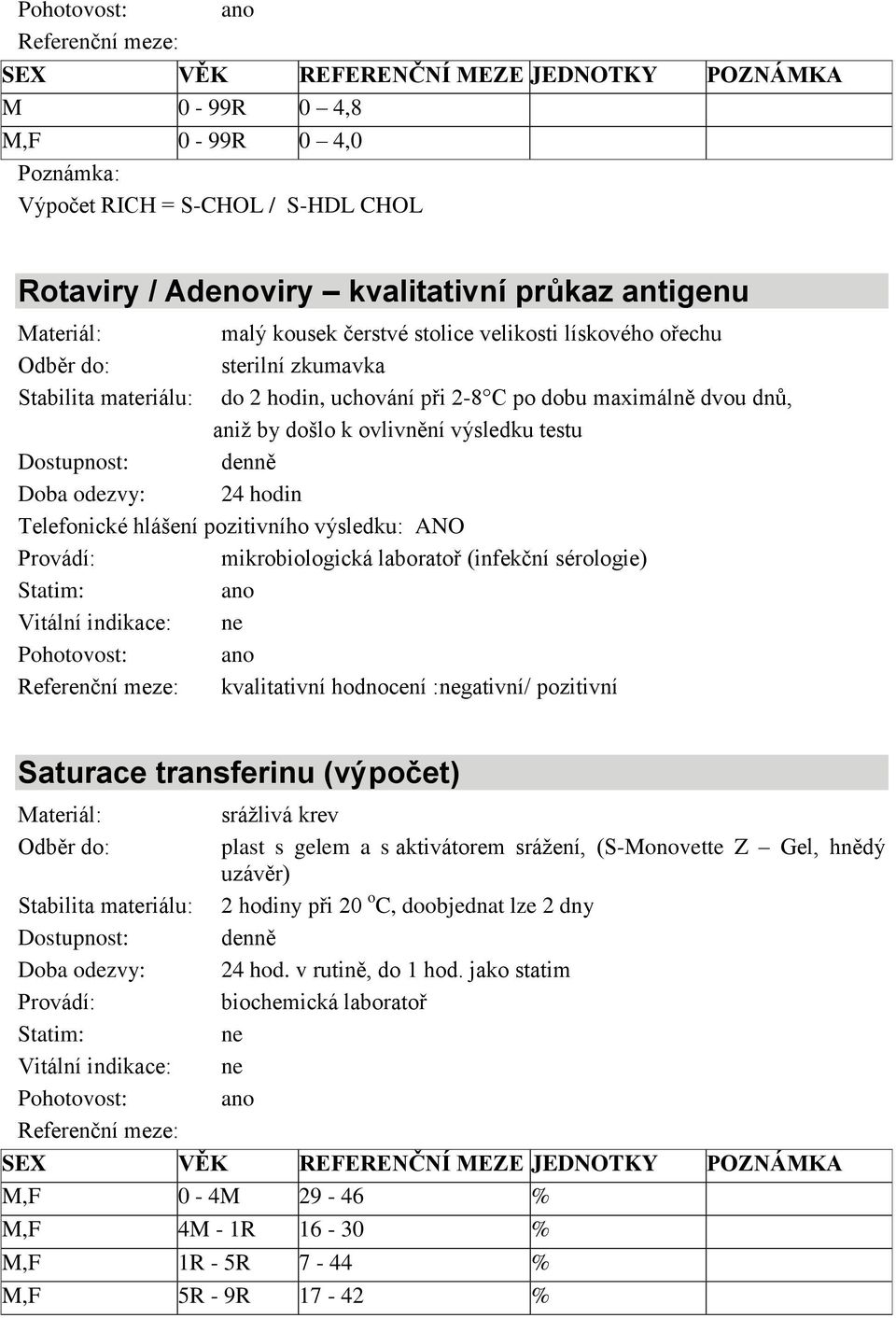 Telefonické hlášení pozitivního výsledku: ANO mikrobiologická laboratoř (infekční sérologie) kvalitativní hodnocení :gativní/ pozitivní Saturace transferinu