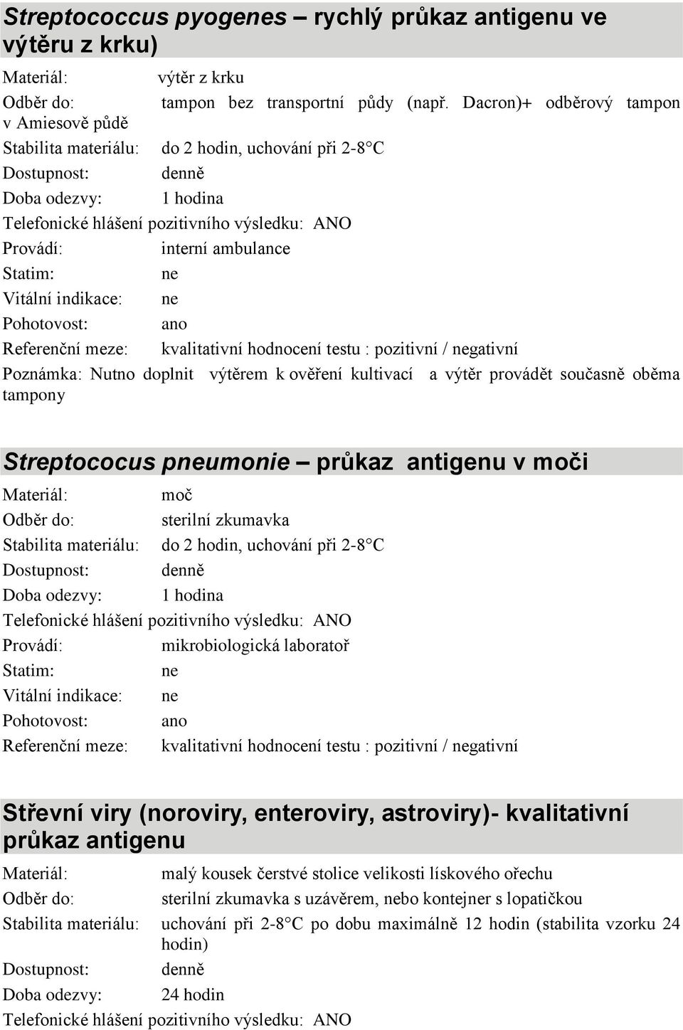 Poznámka: Nutno doplnit výtěrem k ověření kultivací a výtěr provádět současně oběma tampony Streptococus pumonie průkaz antigenu v moči moč sterilní zkumavka do 2 hodin, uchování při 2-8 C 1 hodina