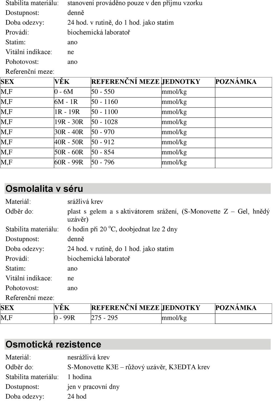 50-970 mmol/kg M,F 40R - 50R 50-912 mmol/kg M,F 50R - 60R 50-854 mmol/kg M,F 60R - 99R 50-796 mmol/kg Osmolalita v séru 6 hodin při 20 o