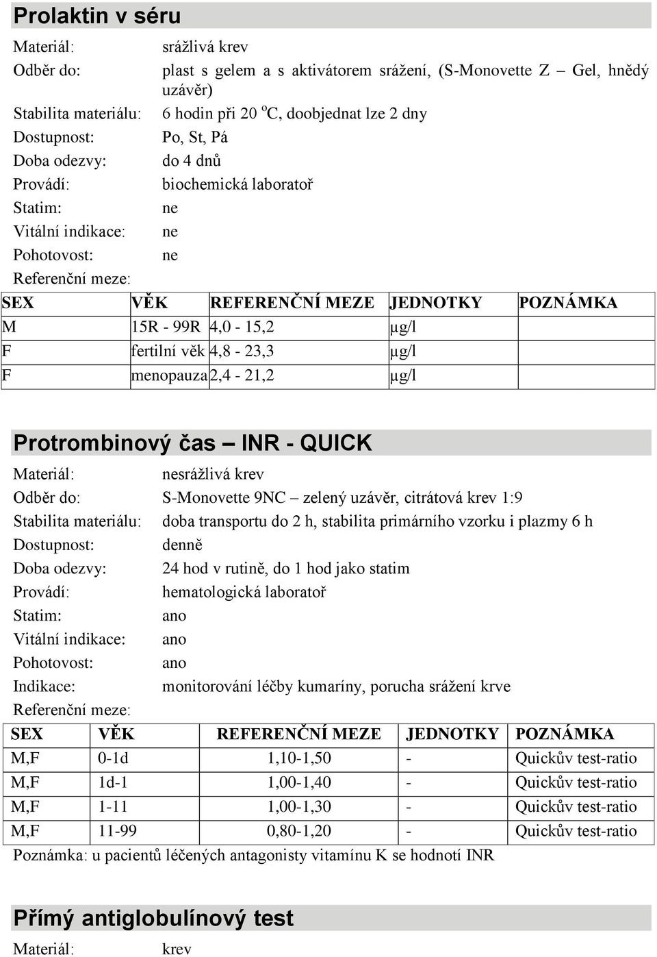 hod jako statim hematologická laboratoř monitorování léčby kumaríny, porucha srážení krve M,F 0-1d 1,10-1,50 - Quickův test-ratio M,F 1d-1 1,00-1,40 - Quickův