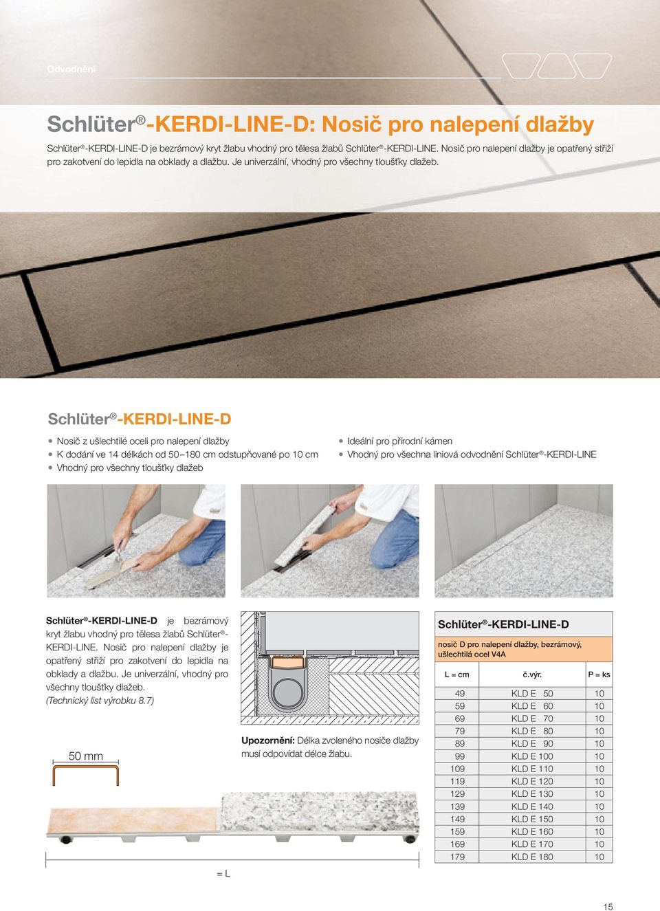 Schlüter -KERDI-LINE-D 3Nosič z ušlechtilé oceli pro nalepení dlažby 3K dodání ve 14 délkách od 50 180 cm odstupňované po 10 cm 3Vhodný pro všechny tloušťky dlažeb 3Ideální pro přírodní kámen 3Vhodný