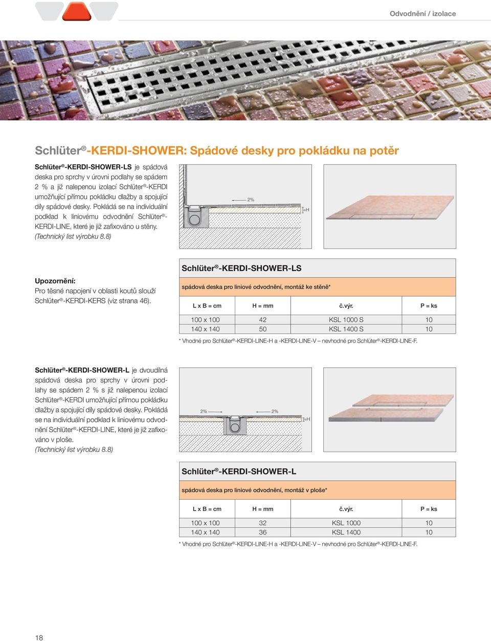 (Technický list výrobku 8.8) 2% =H Upozornění: Pro těsné napojení v oblasti koutů slouží Schlüter -KERDI-KERS (viz strana 46).
