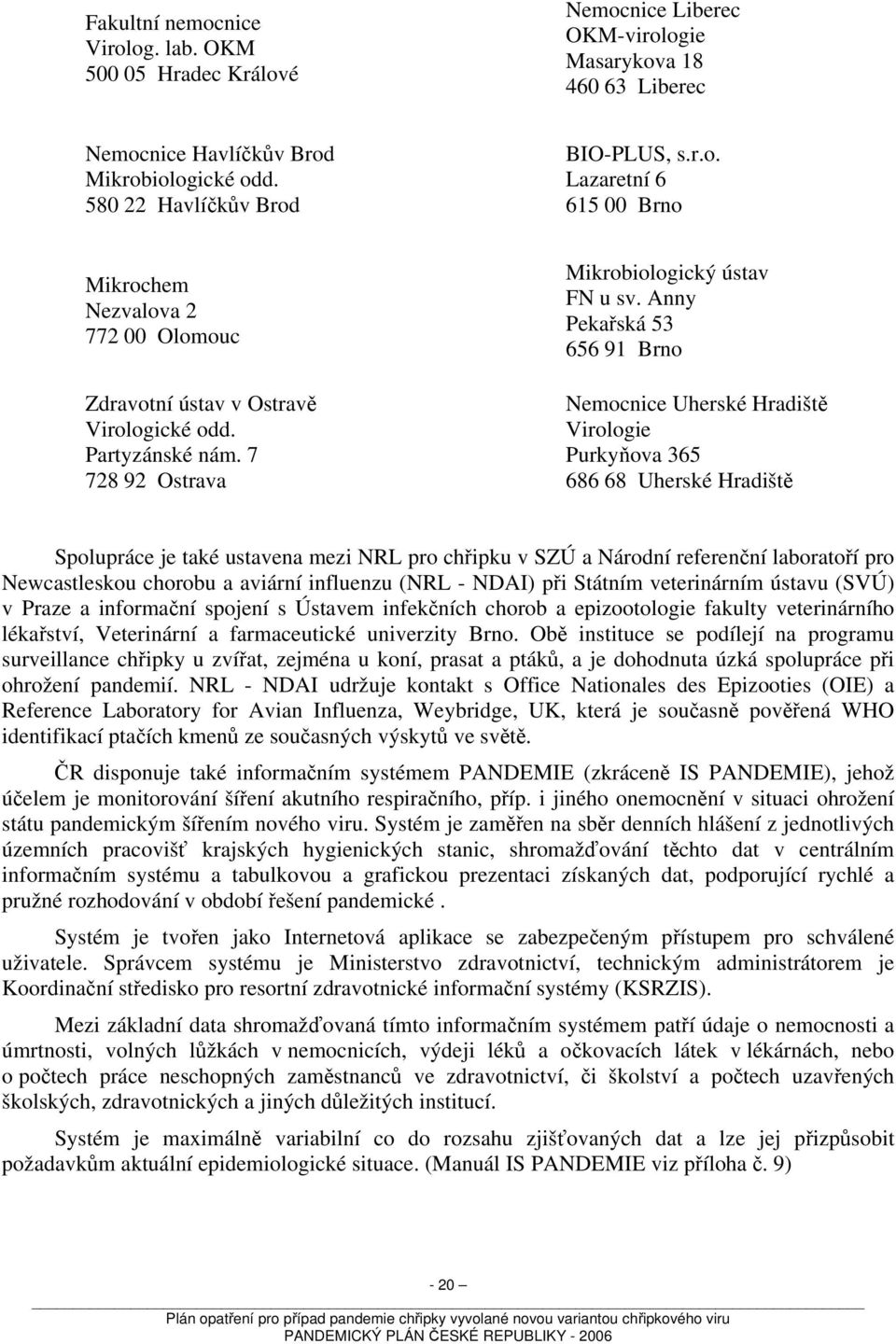 Anny Pekařská 53 656 91 Brno Nemocnice Uherské Hradiště Virologie Purkyňova 365 686 68 Uherské Hradiště Spolupráce je také ustavena mezi NRL pro chřipku v SZÚ a Národní referenční laboratoří pro