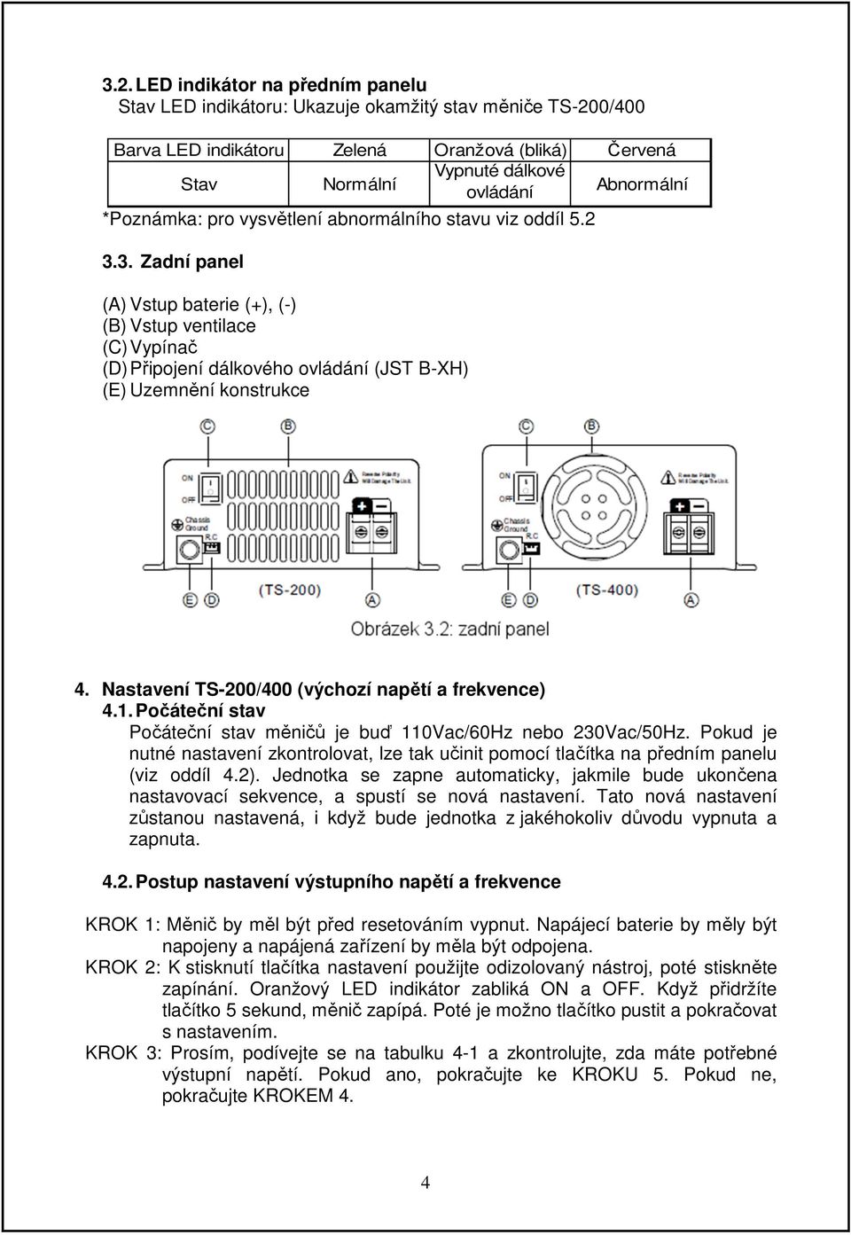 3. Zadní panel (A) Vstup baterie (+), (-) (B) Vstup ventilace (C) Vypínač (D) Připojení dálkového ovládání (JST B-XH) (E) Uzemnění konstrukce 4. Nastavení TS-200/400 (výchozí napětí a frekvence) 4.1.