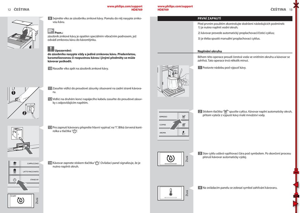 PRVNÍ ZAPNUTÍ Před prvním použitím zkontrolujte dodržení následujících podmínek: 1) je nutno naplnit vodní okruh; 2) kávovar provede automatický proplachovací/čisticí cyklus; 3) je třeba spustit