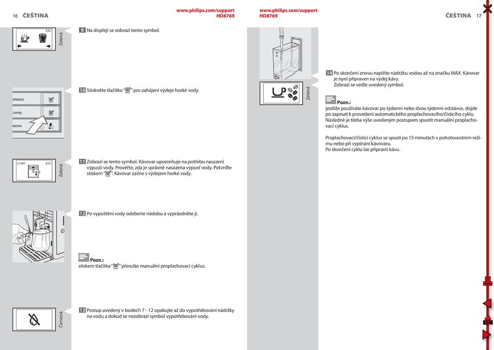 jestliže používáte kávovar po týdenní nebo dvou týdenní odstávce, dojde po zapnutí k provedení automatického proplachovacího/čisticího cyklu.