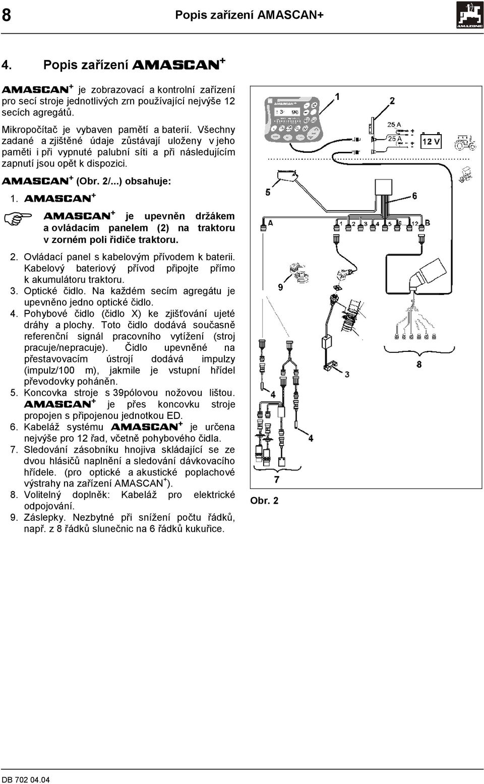 2/...) obsahuje: 1. AMASCAN + AMASCAN+ je upevněn držákem a ovládacím panelem (2) na traktoru v zorném poli řidiče traktoru. 2. Ovládací panel s kabelovým přívodem k baterii.