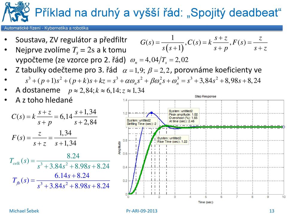 řád α =,9; β = 2, 2, porováme koeficiety ve 2 2 2 2 s + ( p + ) s + ( p + k) s + kz = s + αωs + βωs + ω = s +,84s + 8,98s + 8, 24 A dostaeme p 2,84; k