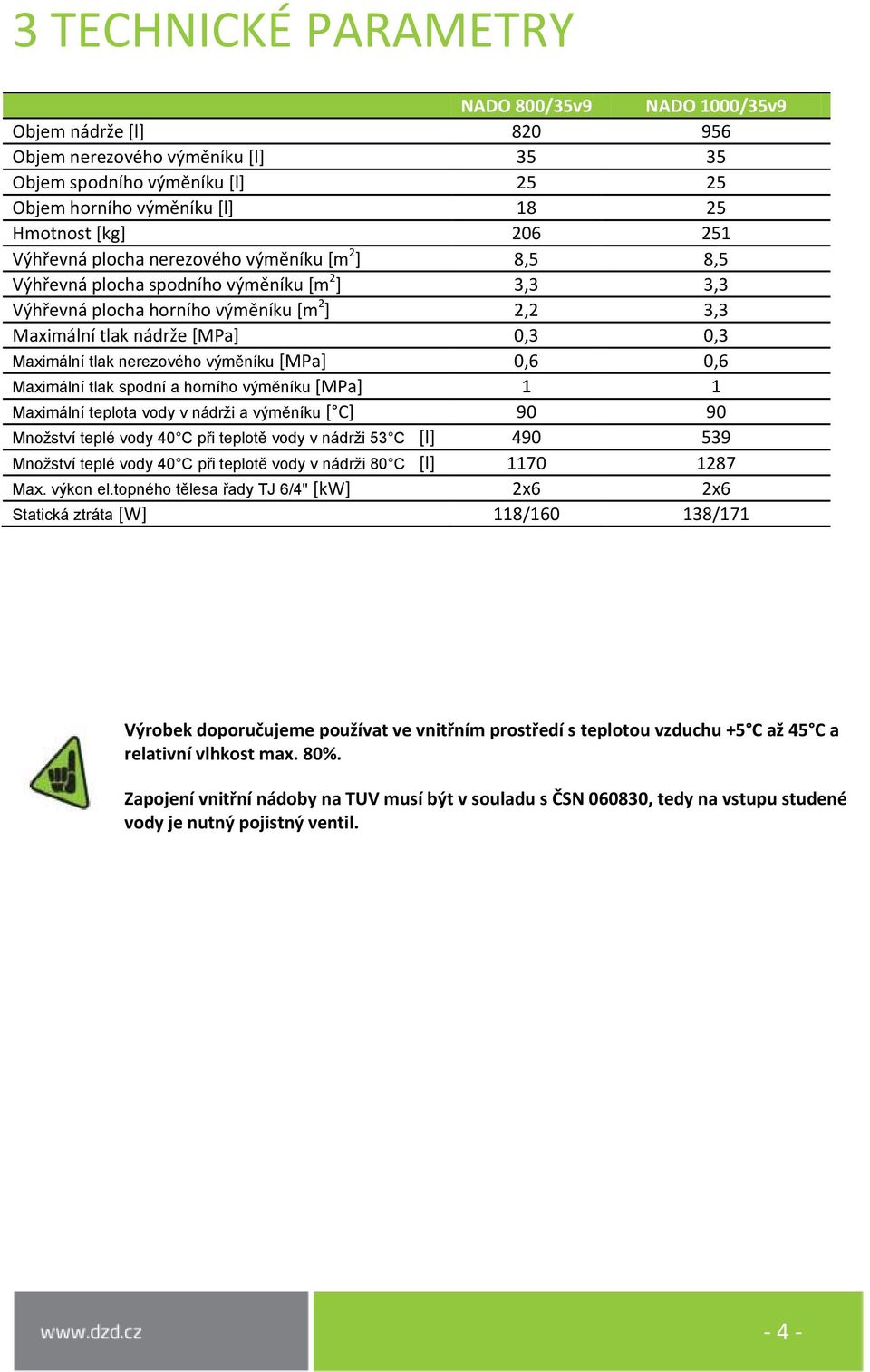 tlak nerezového výměníku [MPa] 0,6 0,6 Maximální tlak spodní a horního výměníku [MPa] 1 1 Maximální teplota vody v nádrži a výměníku [ C] 90 90 Množství teplé vody 40 C při teplotě vody v nádrži 53 C