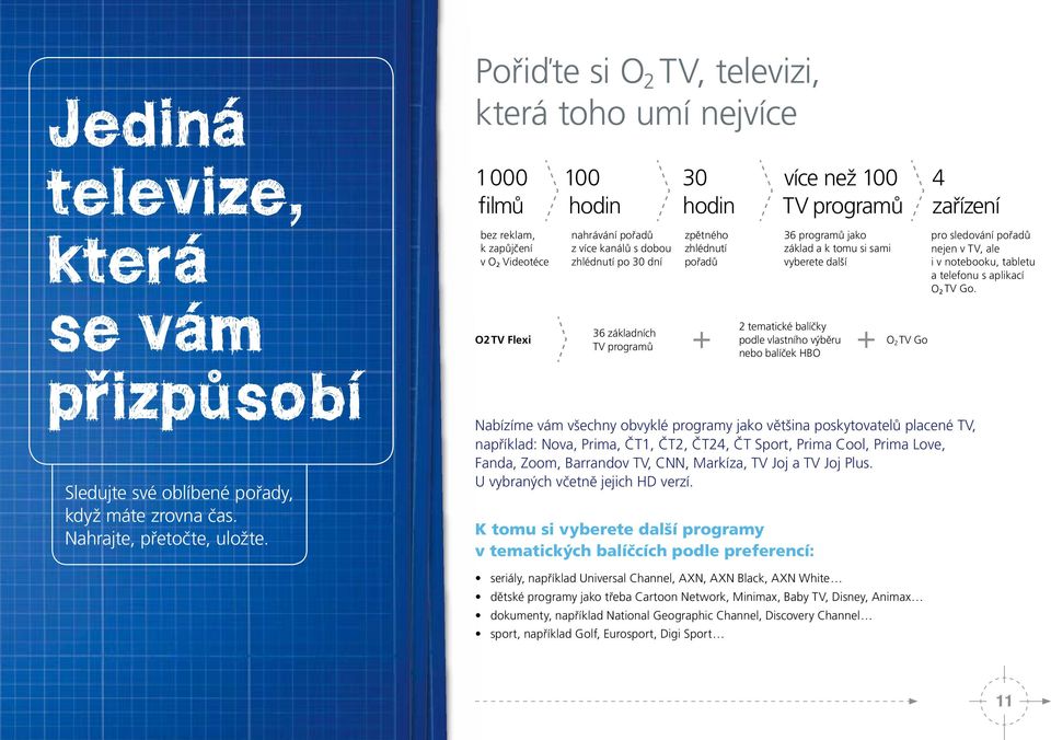 TV programů 30 hodin zpětného zhlédnutí pořadů více než 100 TV programů 36 programů jako základ a k tomu si sami vyberete další 2 tematické balíčky podle vlastního výběru nebo balíček HBO K tomu si