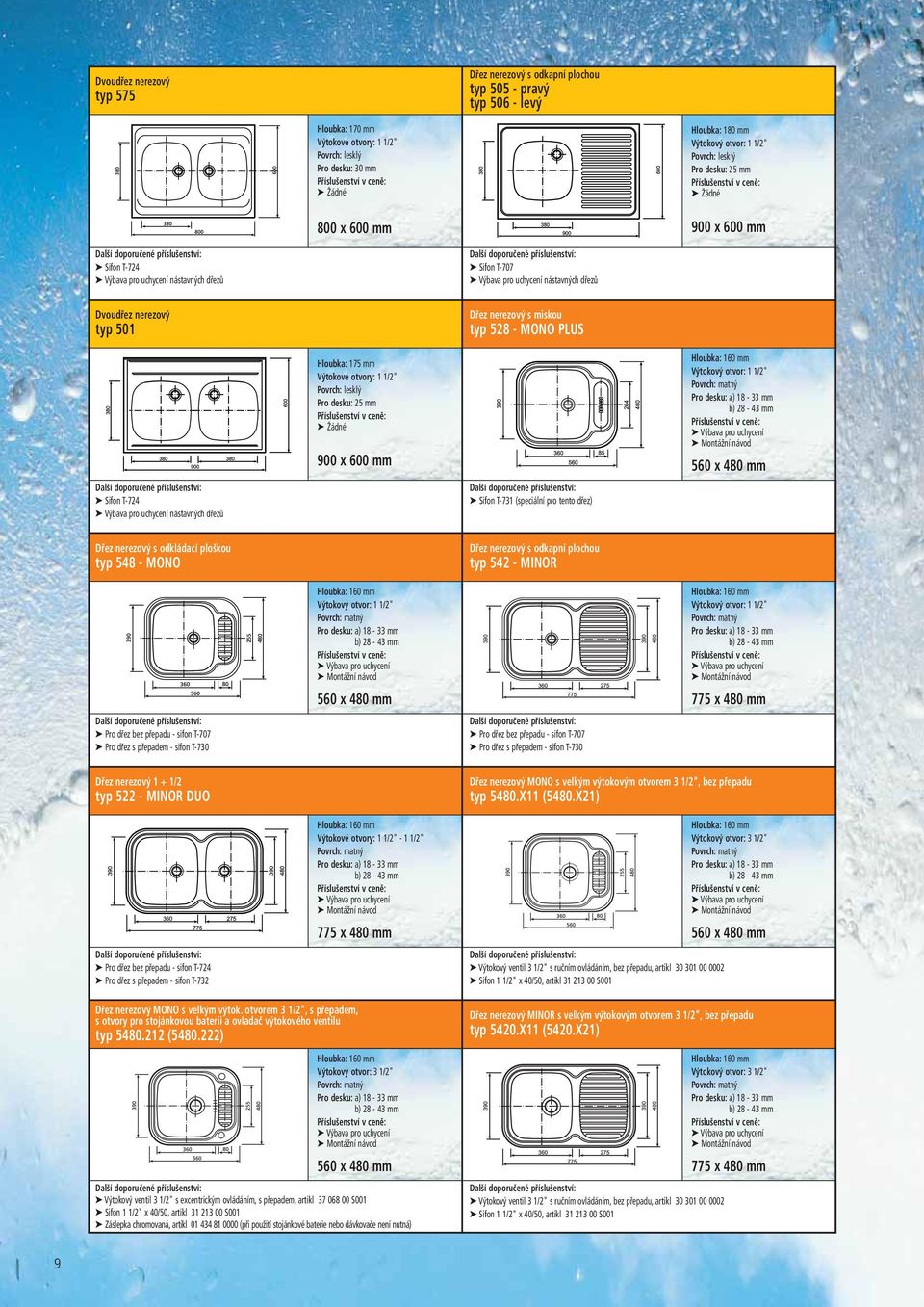 miskou typ 528 - MONO PLUS Sifon T-731 (speciální pro tento dřez) 560 x 480 mm Dřez nerezový s odkládací ploškou typ 548 - MONO Pro dřez bez přepadu - sifon T-707 Pro dřez s přepadem - sifon T-730