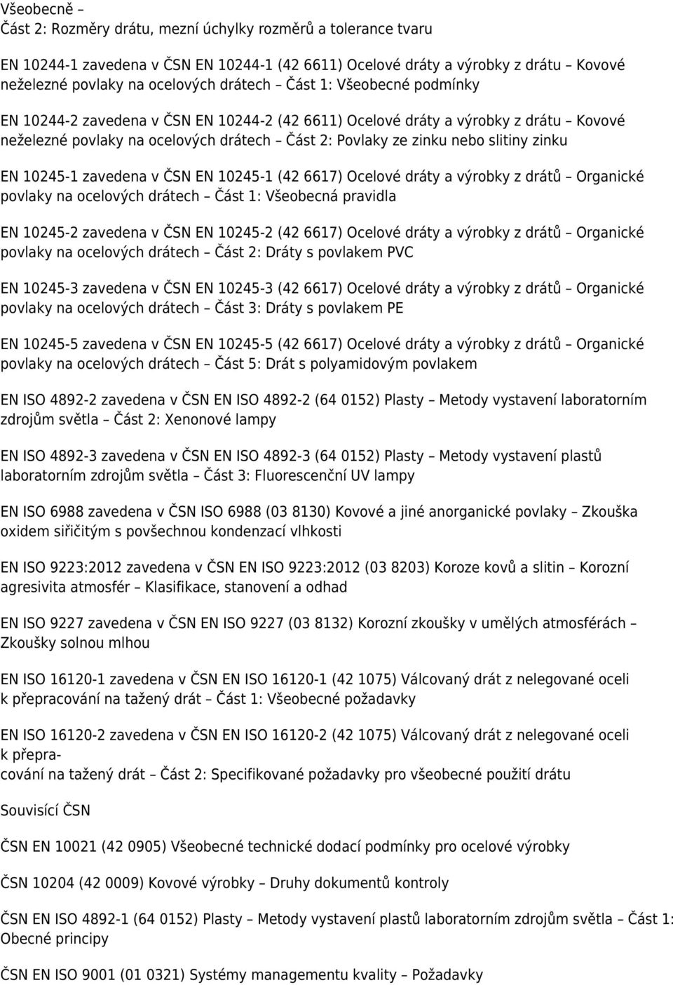 10245-1 zavedena v ČSN EN 10245-1 (42 6617) Ocelové dráty a výrobky z drátů Organické povlaky na ocelových drátech Část 1: Všeobecná pravidla EN 10245-2 zavedena v ČSN EN 10245-2 (42 6617) Ocelové