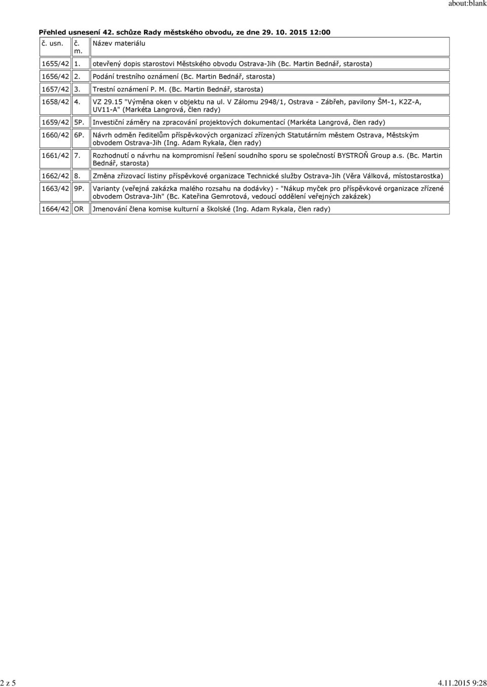 15 "Výměna oken v objektu na ul. V Zálomu 2948/1, Ostrava - Zábřeh, pavilony ŠM-1, K2Z-A, UV11-A" (Markéta Langrová, člen rady) 1659/42 5P.
