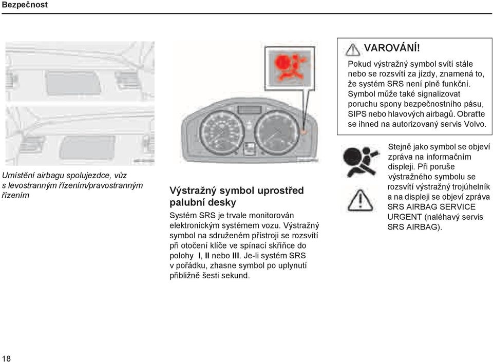 Umístění airbagu spolujezdce, vůz s levostranným řízením/pravostranným řízením Výstražný symbol uprostřed palubní desky Systém SRS je trvale monitorován elektronickým systémem vozu.