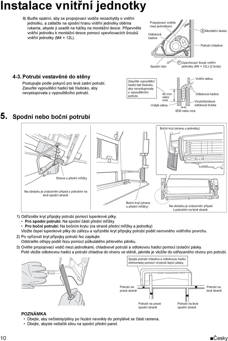 Propojovací vodiče mezi jednotkami Odtoková hadice A Montážní deska Potrubí chladiva Spodní rám F Upevňovací šroub vnitřní jednotky (M4 12L) (2 body) 4-3.