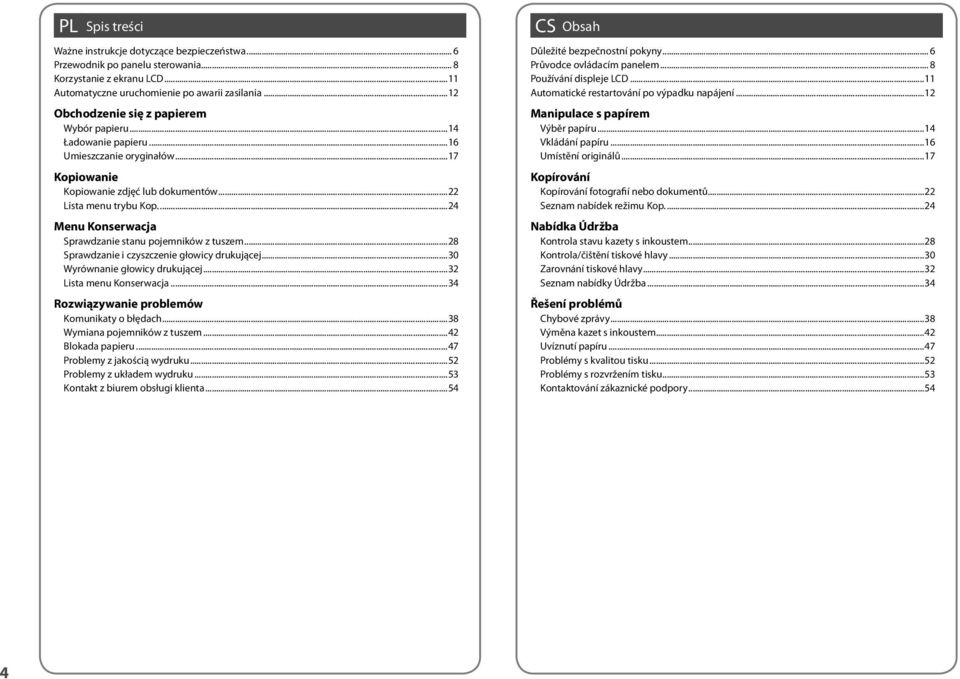 ..24 Menu Konserwacja Sprawdzanie stanu pojemników z tuszem...28 Sprawdzanie i czyszczenie głowicy drukującej...30 Wyrównanie głowicy drukującej...32 Lista menu Konserwacja.