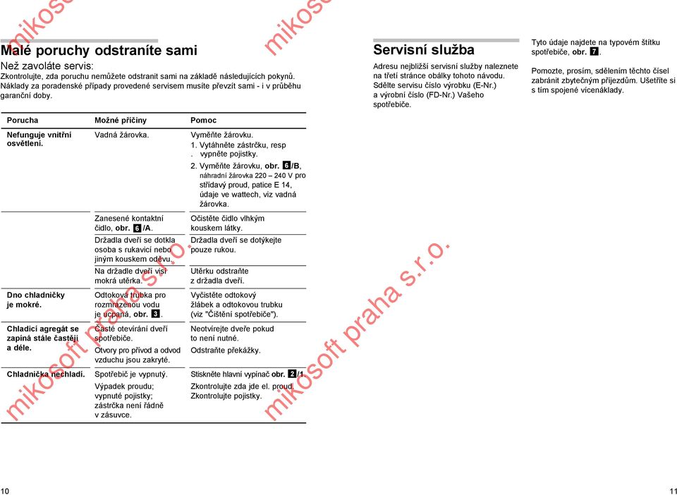 Porucha Možné příčiny Pomoc Servisní služba Adresu nejbližší servisní služby naleznete na třetí stránce obálky tohoto návodu. Sdělte servisu číslo výrobku (E-Nr.) a výrobní číslo (FD-Nr.